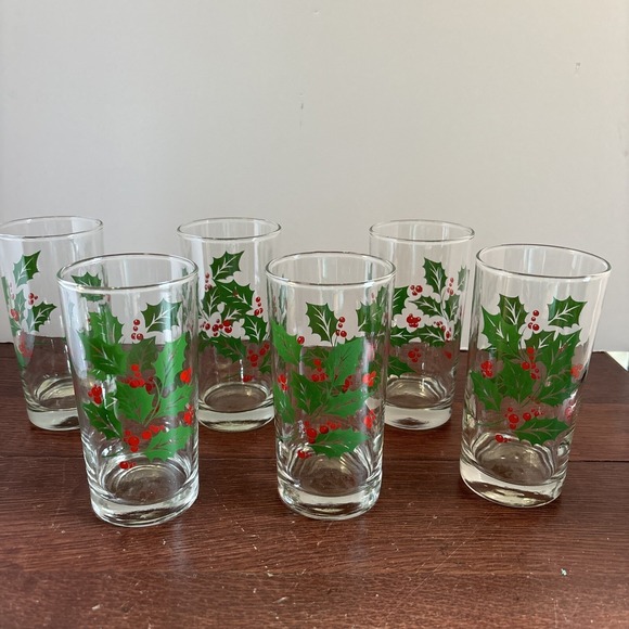 Bartlett Collins Other - VTG Bartlett Collins Christmas Holly Berry 12oz Glass Tumblers 5 1/2"H Set Of 6